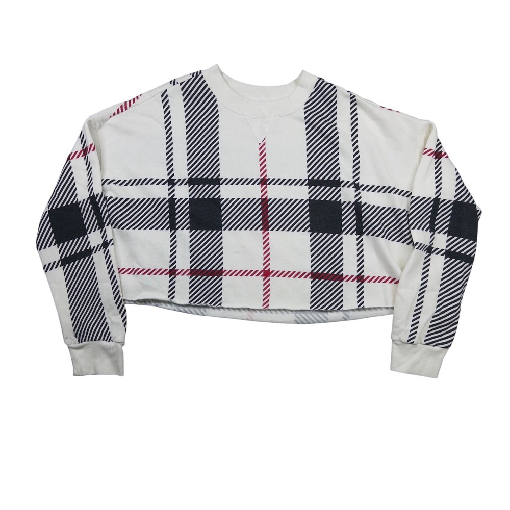 Plaid Cropped Sweatshirt Women Medium White Black Red Check Pullover Y2K Sporty